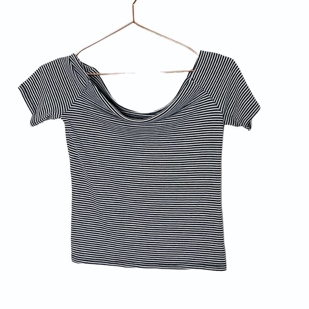 EUC ANGL Tres Bien Black Striped Off Shoulder Crop S